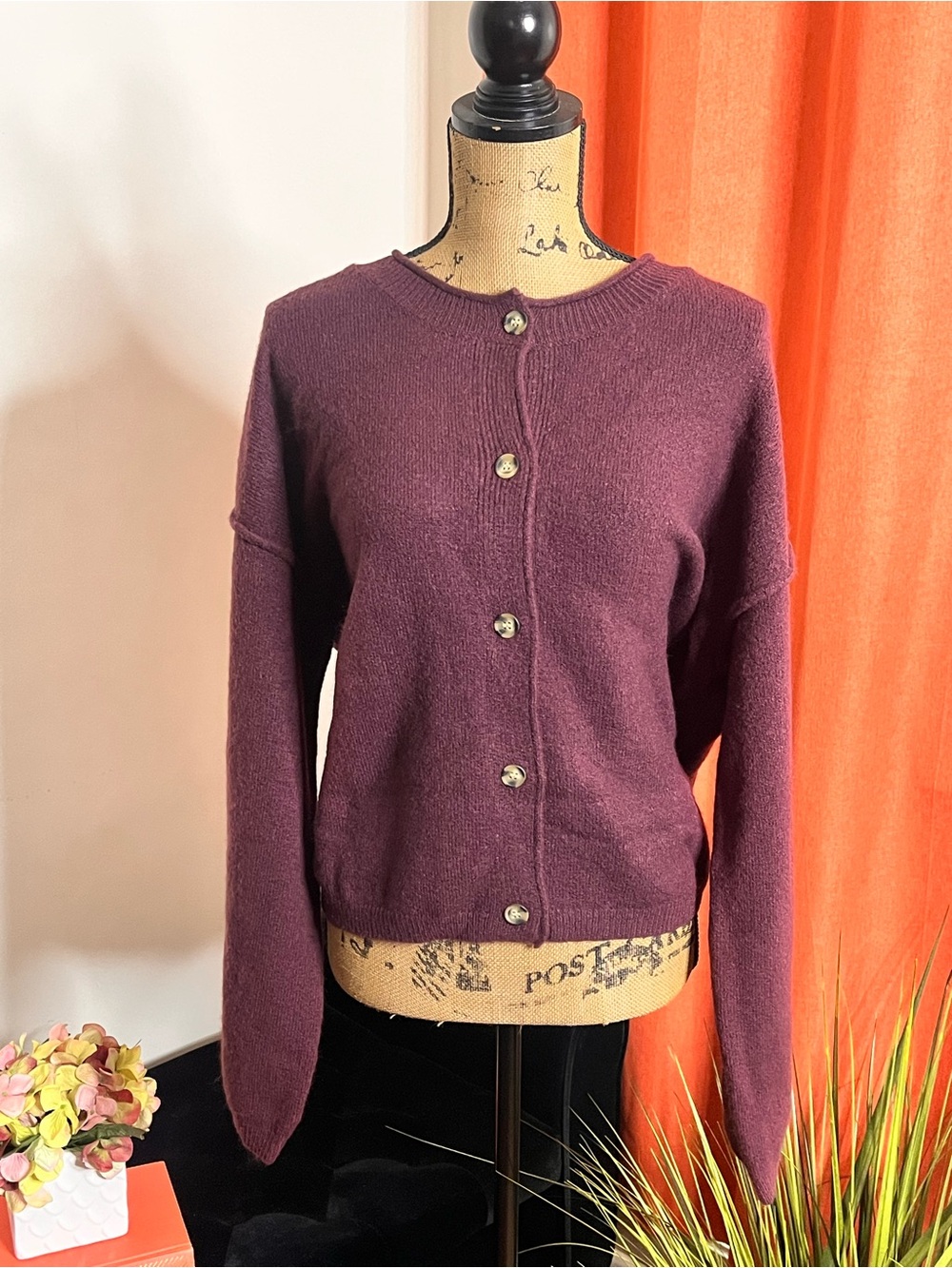 Plum Crewneck Button Cardigan Sweater